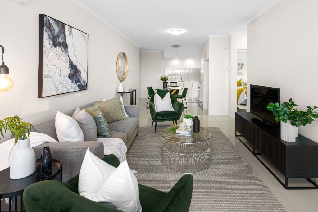 Spacious and stylish living room interior featuring contemporary furniture and decor.